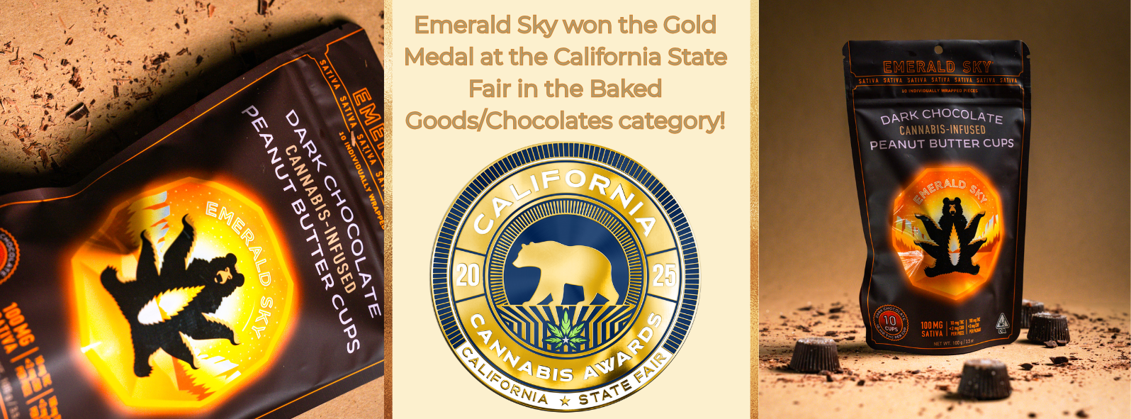 Bags of product with a gold medal overlay